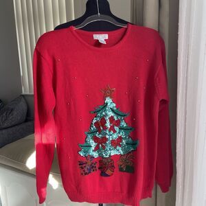 Vintage Lindsey Blake Sequin Embroidered Beads Christmas Tree Gift Sweater Red M